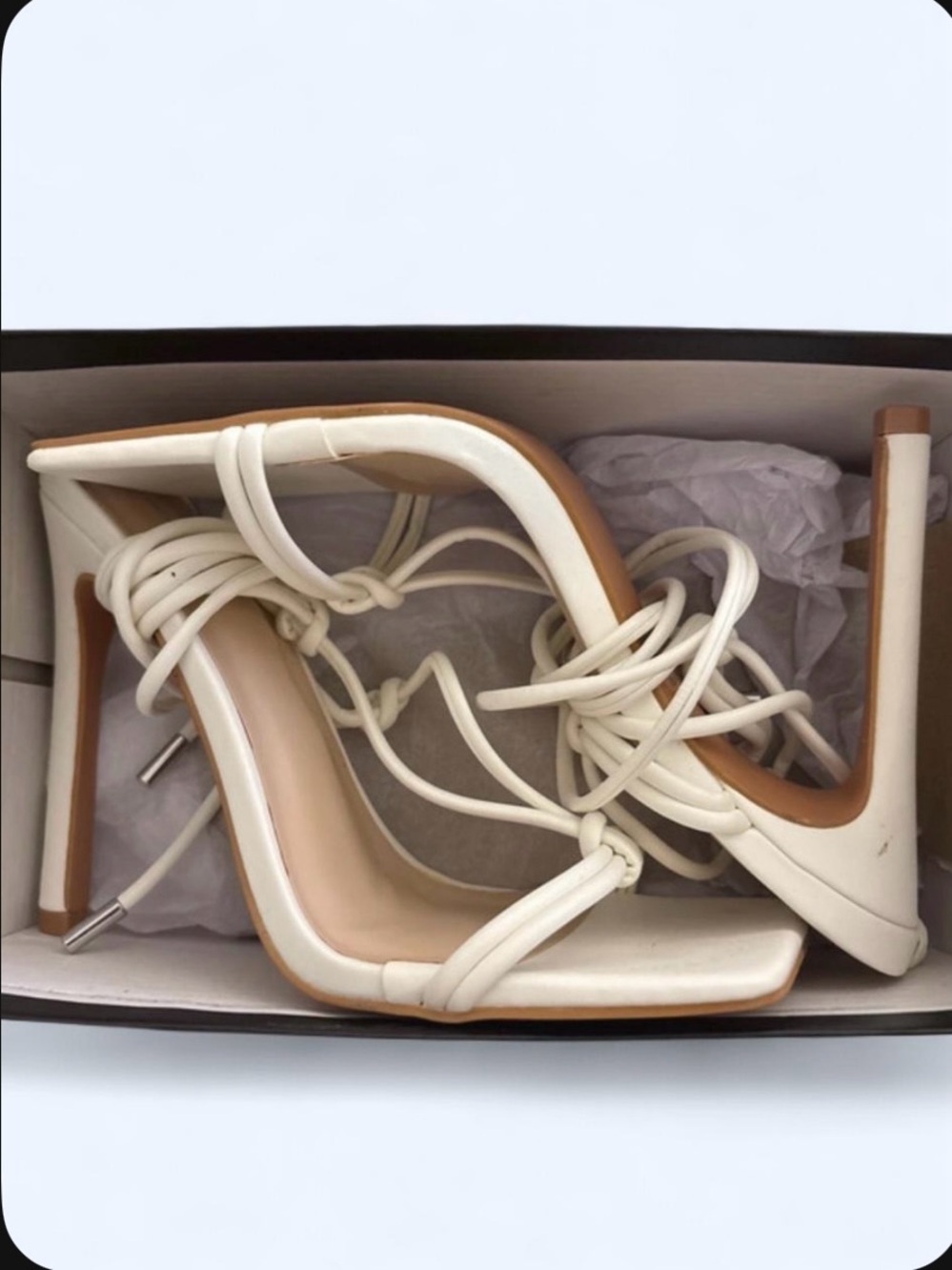 PrettyLittleThing Cream Strappy Lace-Up Stiletto Heels